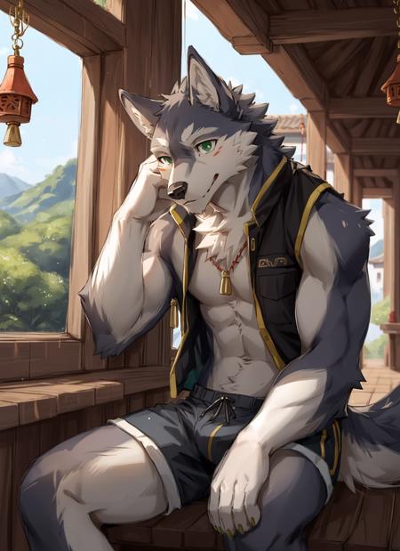 20287-8414499-Masterpiece, best quality, anime, furry, male, A wolf wearing a vest and shorts is sitting on the corridor by the window of a Ja.png